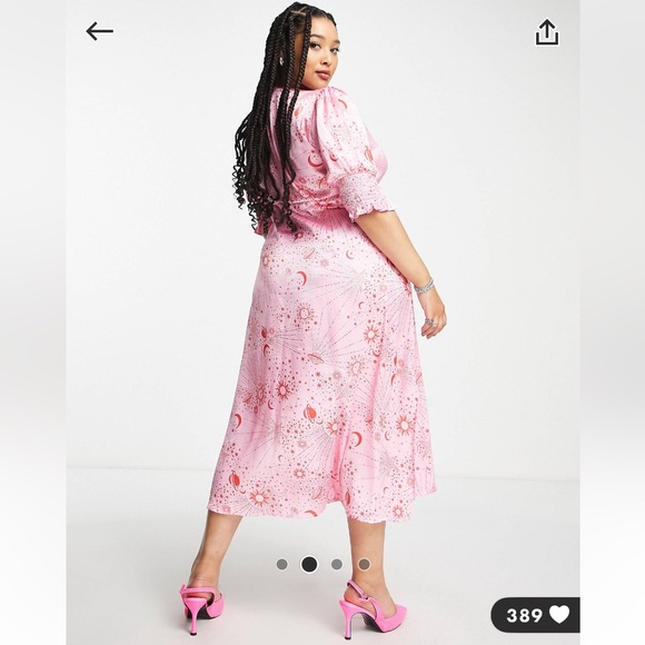 Neon Rose Plus ruched bust midi tea dress in pink red celestial satin - Picture 1 of 4